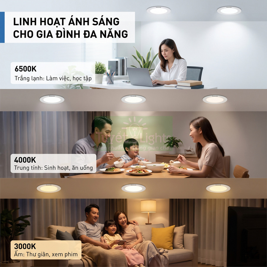 Đèn LED âm trần đổi màu 6500K 4000K 3000K cho phòng làm việc, phòng ăn và phòng khách gia đình