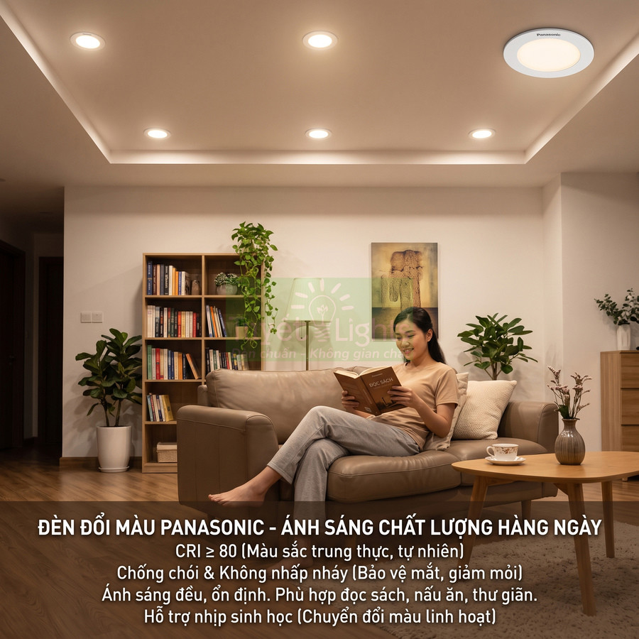 Đèn LED đổi màu Panasonic chiếu sáng phòng khách ấm áp, phù hợp đọc sách và thư giãn