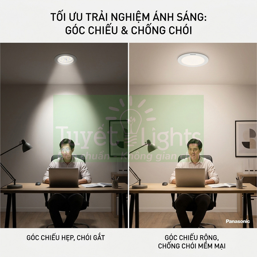 Đèn ốp trần Panasonic góc chiếu rộng chống chói, tạo ánh sáng mềm cho bàn làm việc văn phòng
