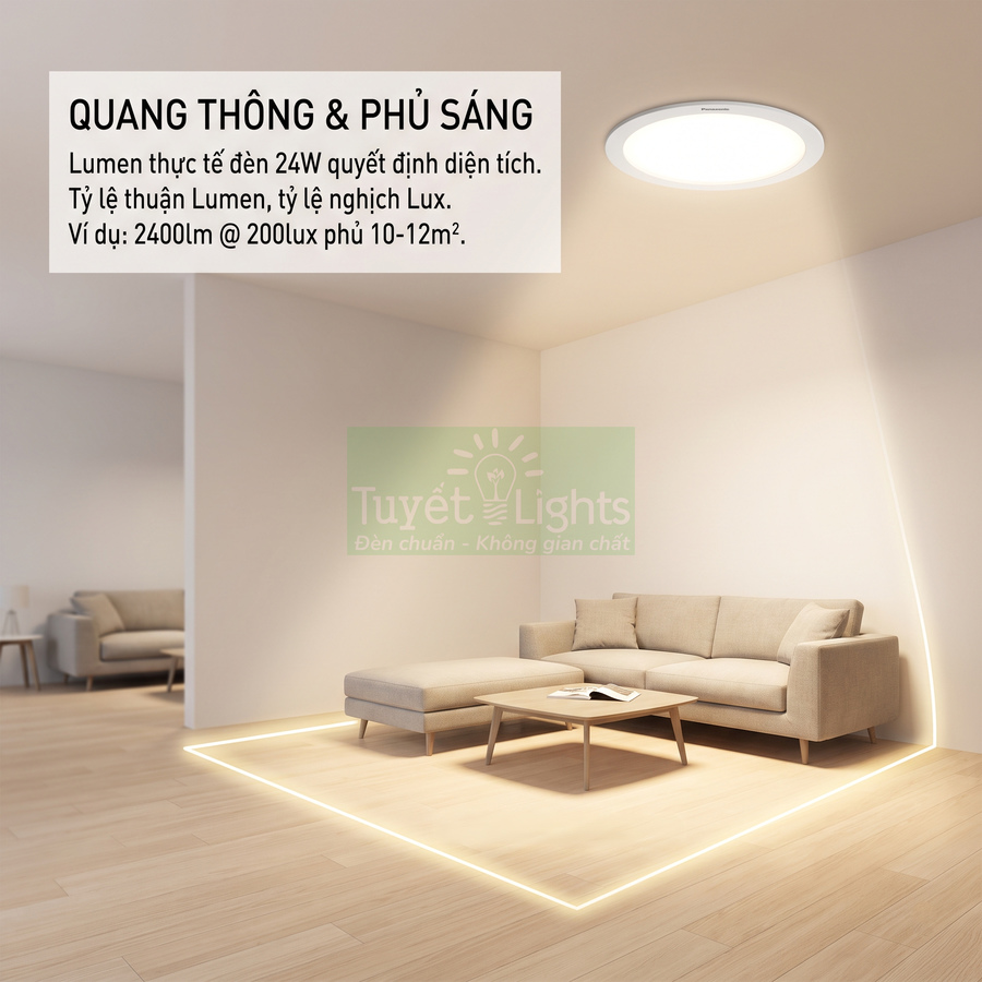 Đèn ốp trần LED Panasonic chiếu sáng phòng khách hiện đại với sofa và sàn gỗ