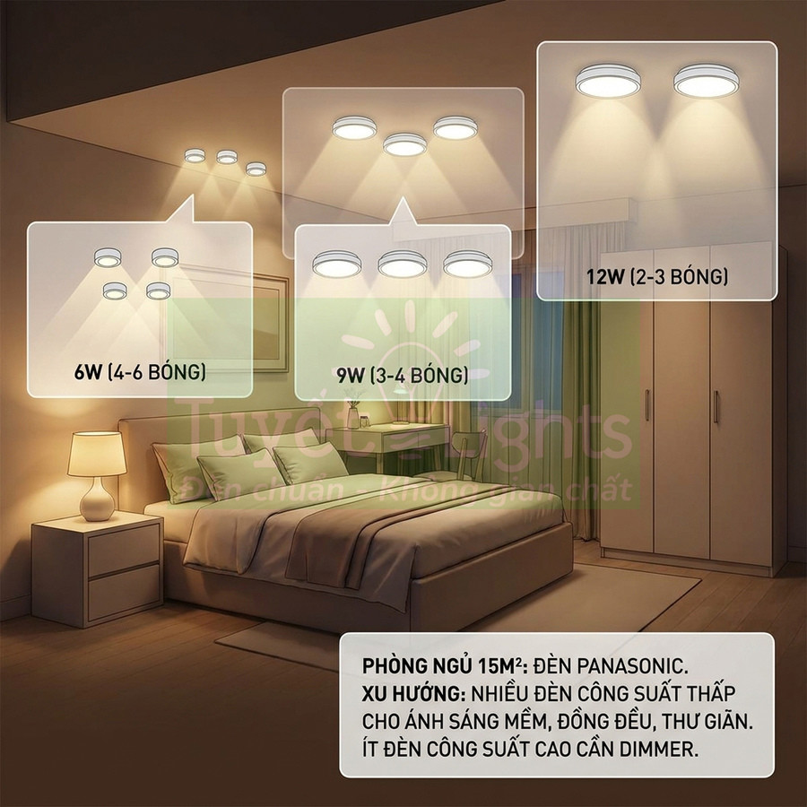 Đèn ốp trần Panasonic cho phòng ngủ 15m2 với gợi ý số lượng bóng 6W 9W 12W ánh sáng ấm