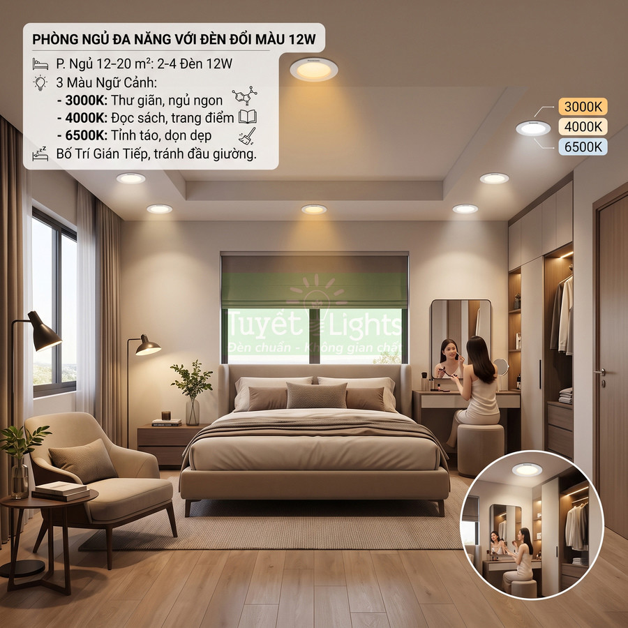Phòng ngủ hiện đại sử dụng đèn âm trần đổi màu 12W Tuyết Lights với ba chế độ ánh sáng