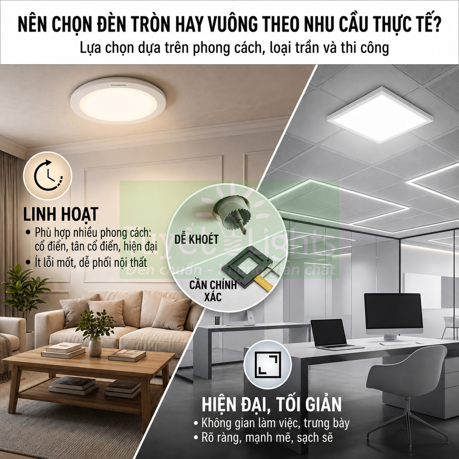 Đèn trần LED tròn và vuông Panasonic cho phòng khách và văn phòng hiện đại, linh hoạt lắp đặt
