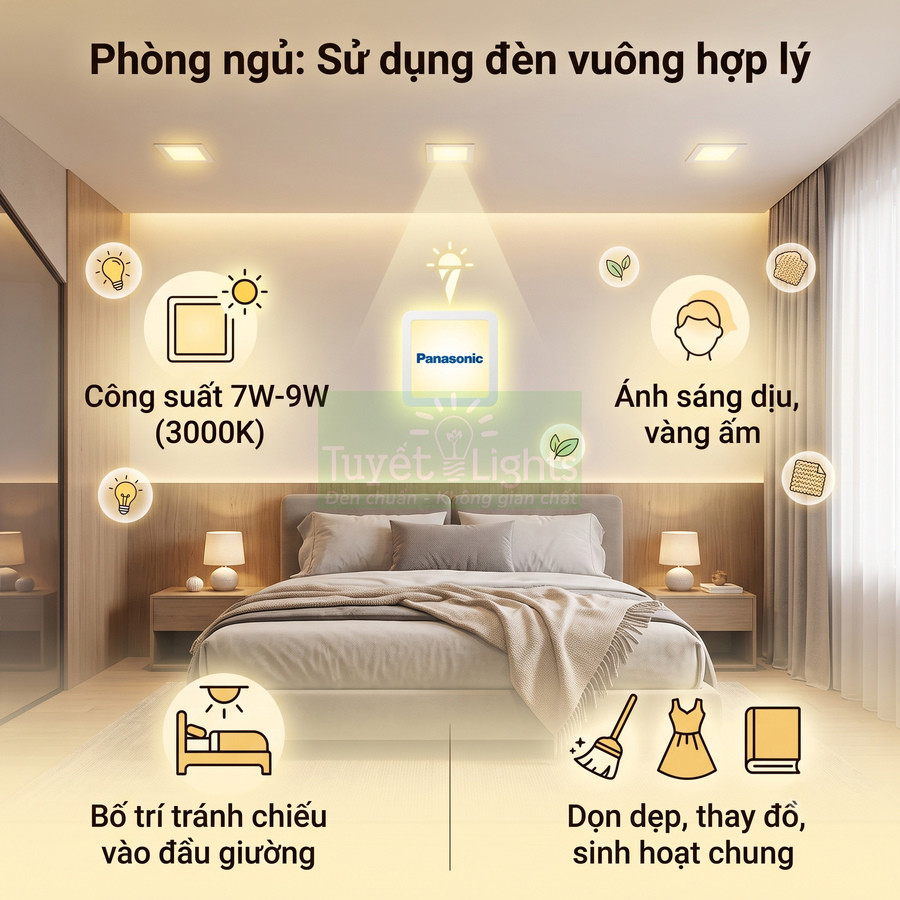 Phòng ngủ hiện đại sử dụng đèn vuông âm trần Panasonic ánh sáng vàng ấm công suất 7W 9W