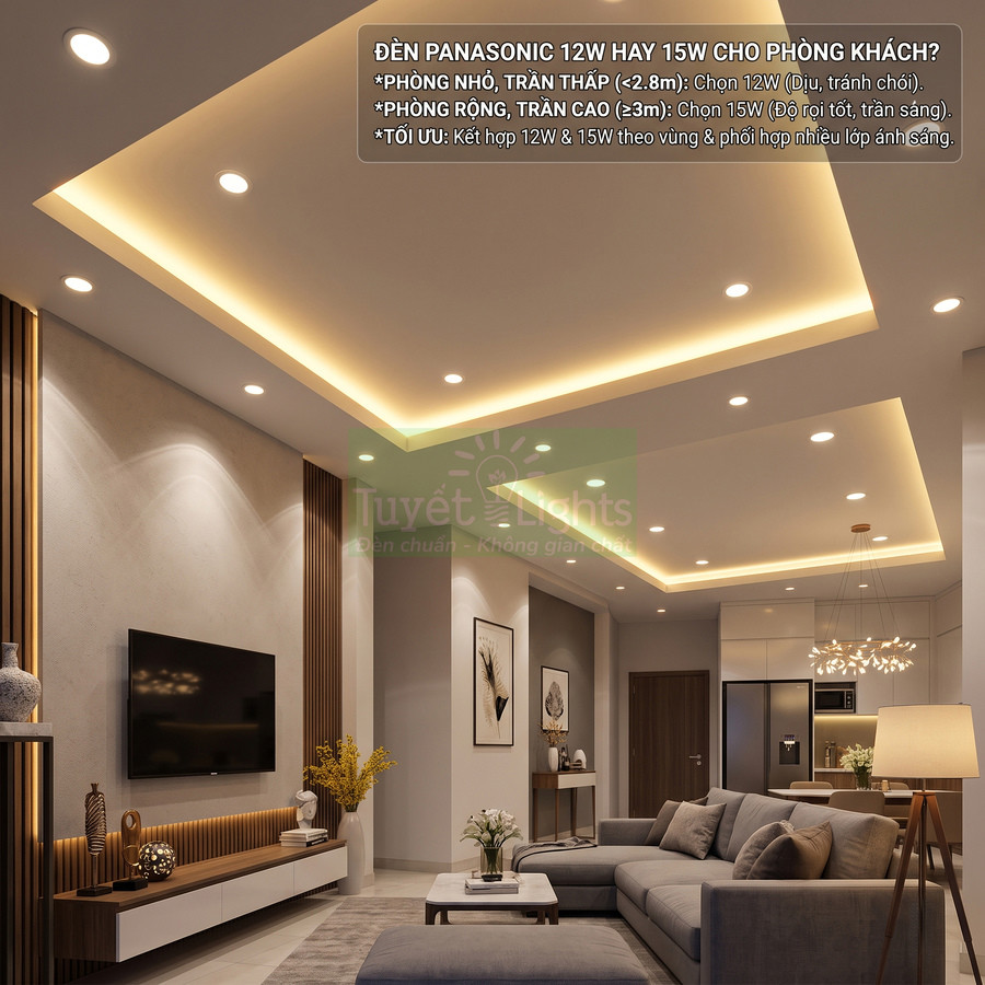 Đèn LED âm trần Panasonic 12W 15W chiếu sáng phòng khách hiện đại với trần thạch cao sang trọng