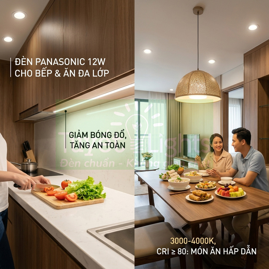 Đèn LED Panasonic 12W chiếu sáng bếp và bàn ăn gia đình, ánh sáng ấm rõ màu món ăn