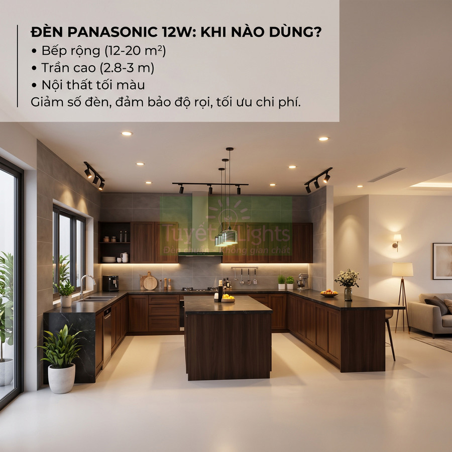 Đèn LED Panasonic 12W chiếu sáng phòng bếp rộng với nội thất gỗ hiện đại