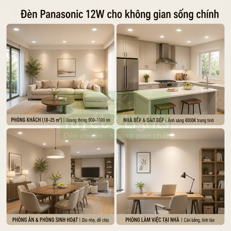 Đèn LED Panasonic 12W chiếu sáng phòng khách, bếp, phòng ăn và góc làm việc trong căn hộ hiện đại