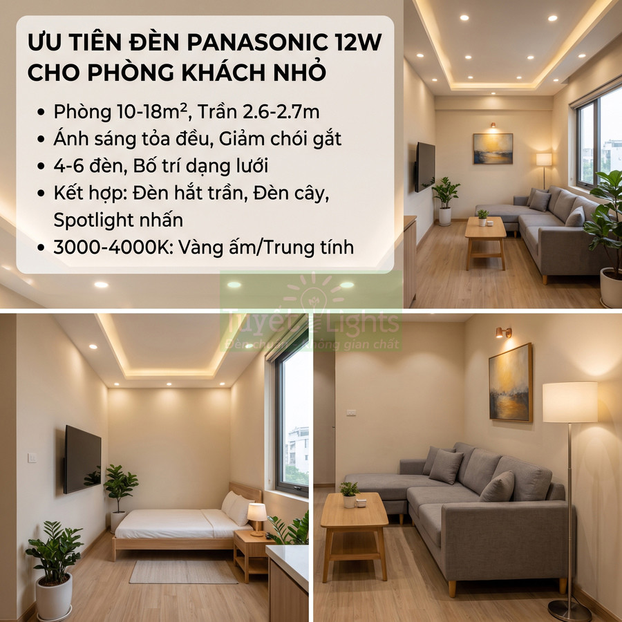 Đèn LED Panasonic 12W chiếu sáng phòng khách nhỏ với ánh sáng vàng ấm trung tính, trần thạch cao hiện đại