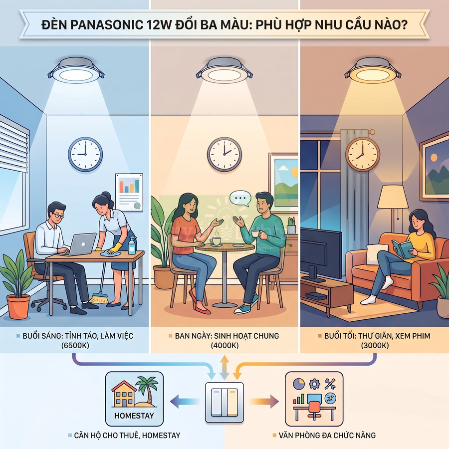 Đèn Panasonic 12W đổi ba màu chiếu sáng cho làm việc, sinh hoạt và thư giãn trong căn hộ và văn phòng