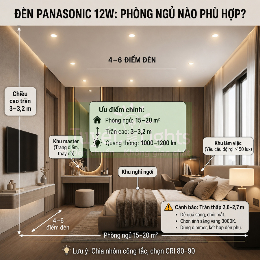 Đèn âm trần Panasonic 12W chiếu sáng phòng ngủ master 15–20m2 với khu làm việc và khu nghỉ ngơi hiện đại