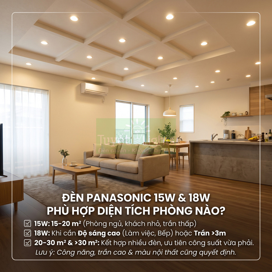 Đèn LED âm trần Panasonic 15W 18W chiếu sáng phòng khách liền bếp nội thất gỗ hiện đại