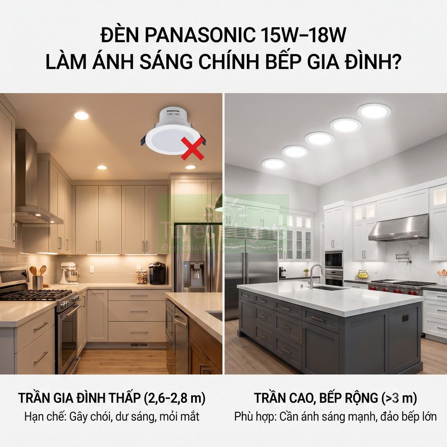 Đèn âm trần Panasonic 15W 18W lắp cho trần bếp cao rộng, so sánh với trần bếp gia đình thấp