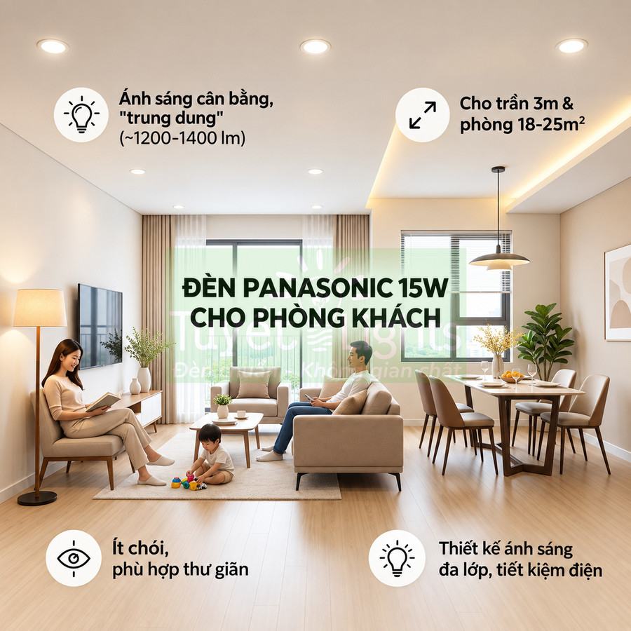 Đèn Panasonic 15W chiếu sáng phòng khách hiện đại, ánh sáng cân bằng ít chói, phù hợp thư giãn và tiết kiệm điện
