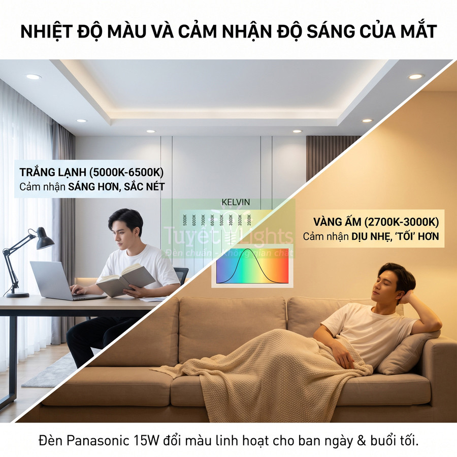 Đèn Panasonic 15W đổi màu trắng lạnh và vàng ấm, phù hợp làm việc ban ngày và thư giãn buổi tối trên sofa