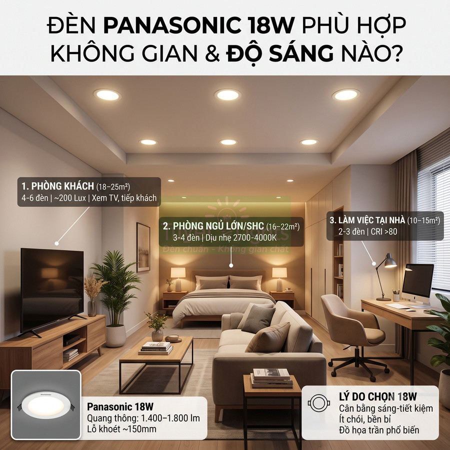Đèn LED âm trần Panasonic 18W chiếu sáng phòng khách, phòng ngủ và góc làm việc trong căn hộ hiện đại