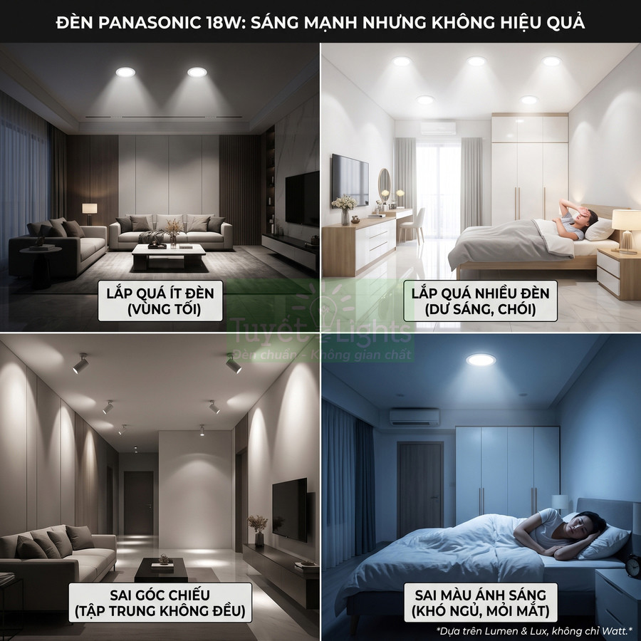 Đèn Panasonic 18W lắp trong phòng khách và phòng ngủ minh họa các lỗi bố trí và chọn ánh sáng