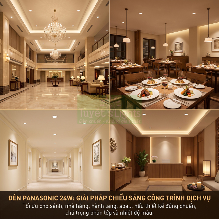 Đèn Panasonic 24W chiếu sáng sảnh, nhà hàng, hành lang và spa cao cấp với ánh sáng vàng ấm sang trọng