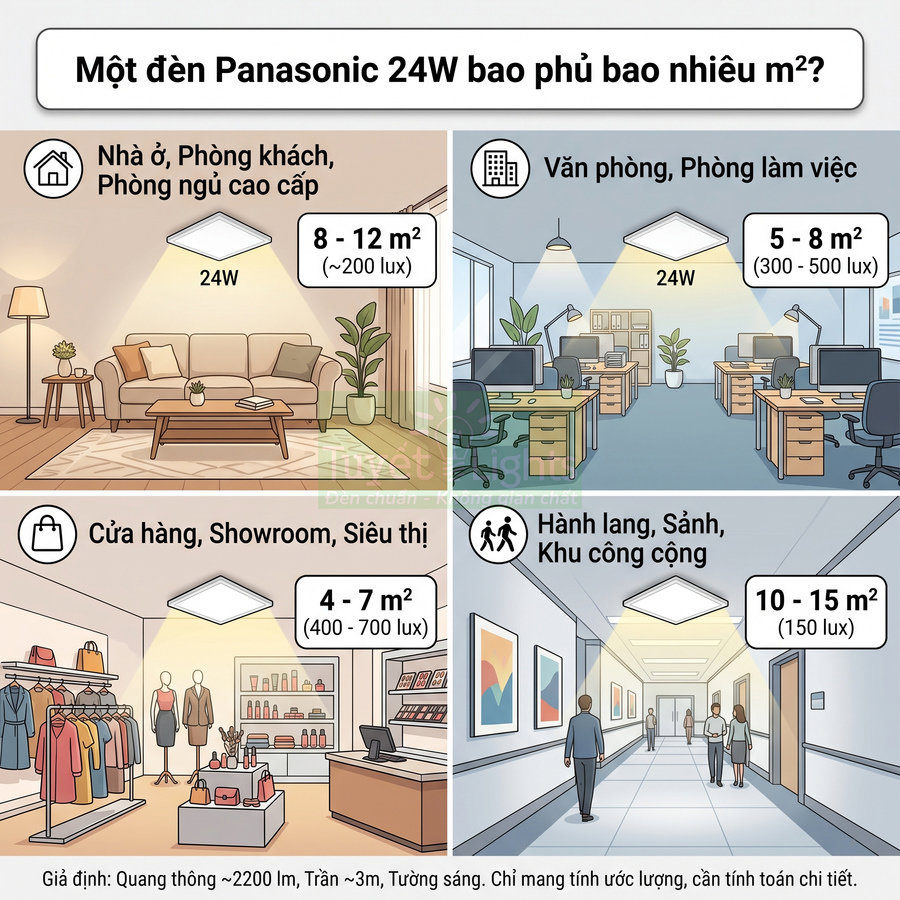Đèn trần Panasonic 24W chiếu sáng phòng khách, văn phòng, cửa hàng và hành lang với diện tích gợi ý khác nhau