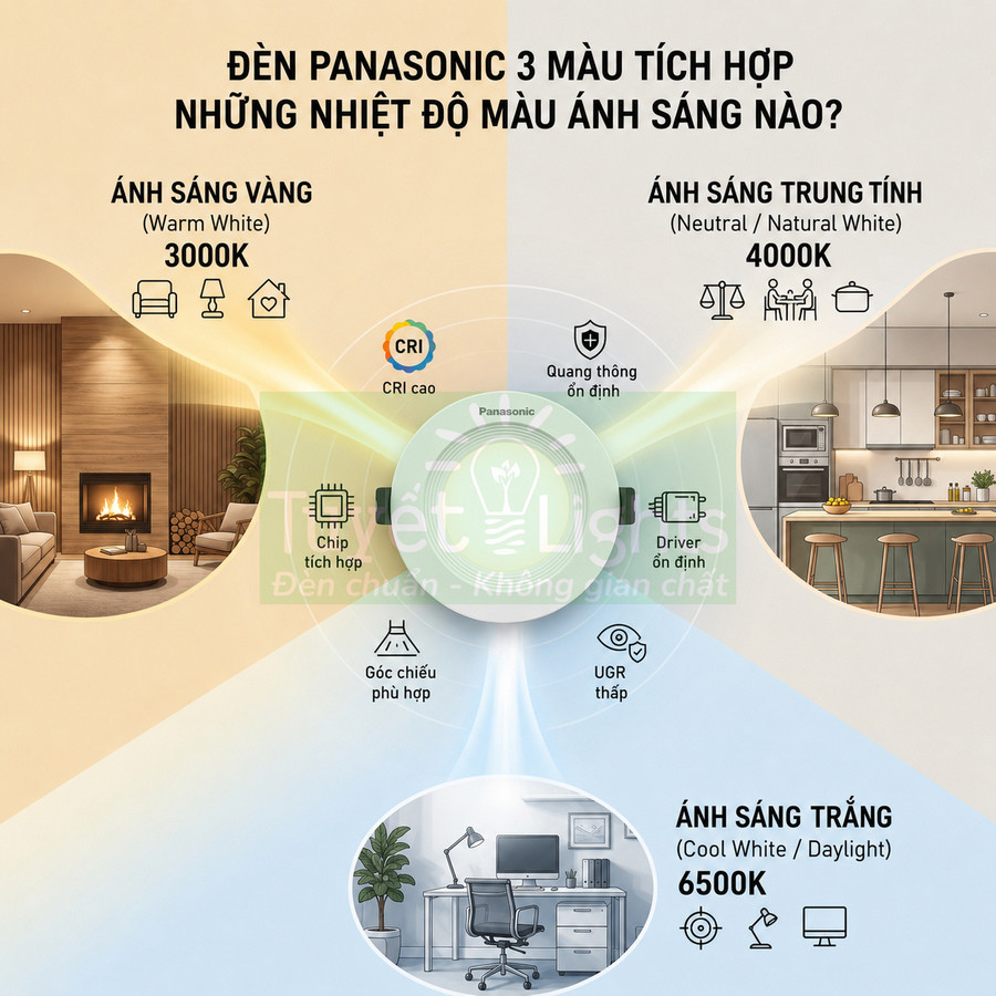 Đèn âm trần Panasonic 3 màu cho phòng khách, bếp và phòng làm việc với các mức nhiệt độ màu khác nhau