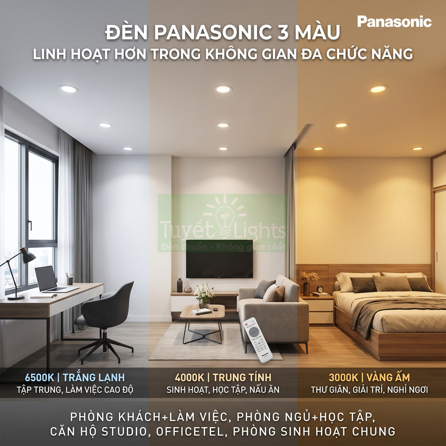 Đèn âm trần Panasonic 3 màu cho phòng khách, phòng ngủ và góc làm việc với ánh sáng trắng, trung tính, vàng ấm