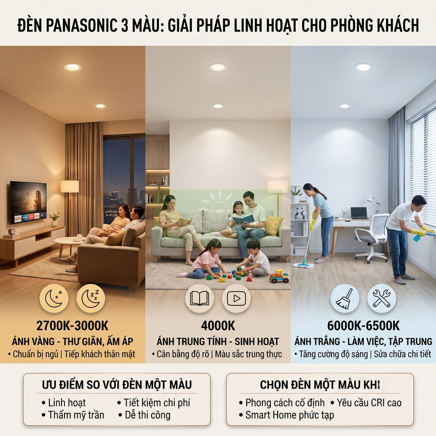 Đèn trần Panasonic 3 màu cho phòng khách, minh họa các chế độ ánh sáng vàng, trung tính và trắng