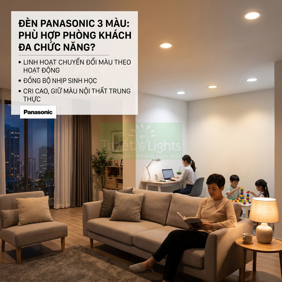 Đèn trần Panasonic 3 màu chiếu sáng phòng khách hiện đại với gia đình đang sinh hoạt và làm việc