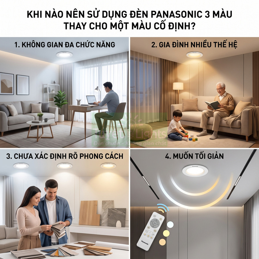 Đèn trần Panasonic 3 màu cho phòng khách và làm việc, điều khiển từ xa, phù hợp nhiều không gian gia đình