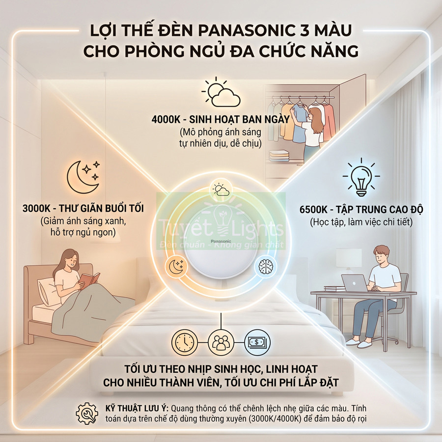 Đèn Panasonic 3 màu cho phòng ngủ đa chức năng, điều chỉnh 3000K 4000K 6500K cho thư giãn và làm việc