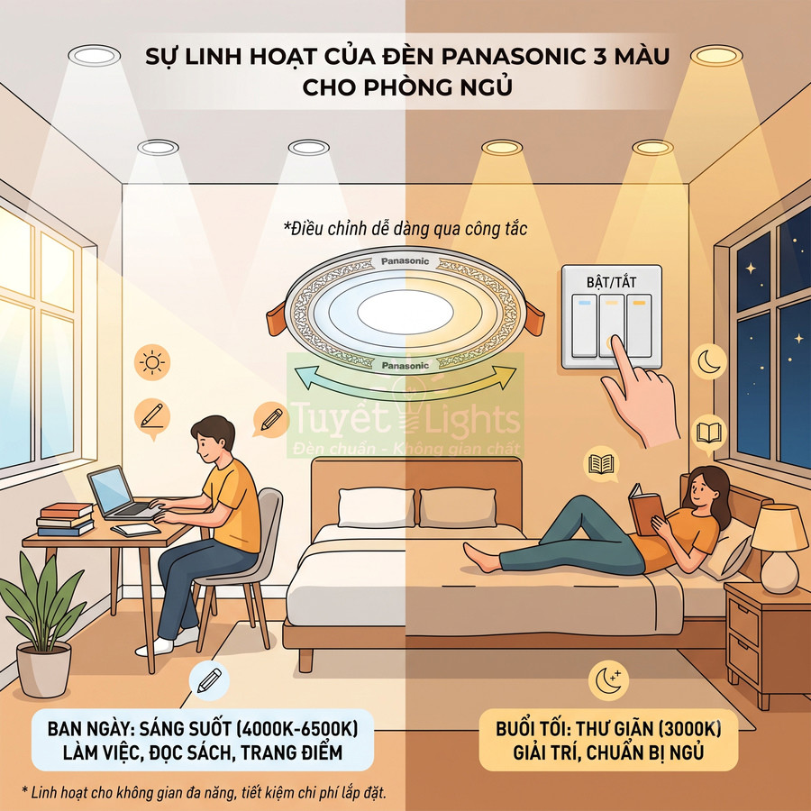 Đèn âm trần Panasonic 3 màu cho phòng ngủ, điều chỉnh ánh sáng ngày và đêm bằng công tắc