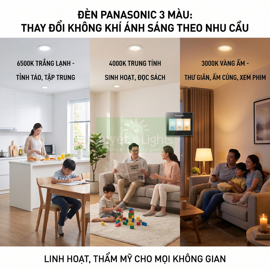 Đèn âm trần Panasonic 3 màu cho phòng bếp, phòng khách và phòng ngủ, điều chỉnh ánh sáng linh hoạt theo nhu cầu