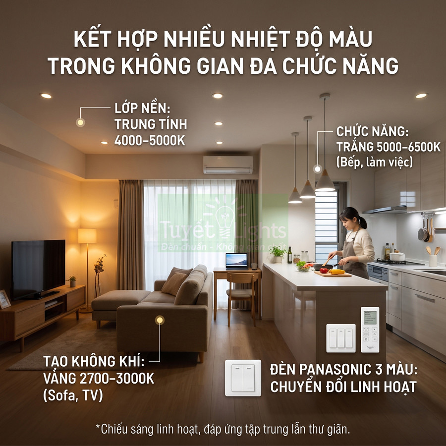 Đèn Panasonic 3 màu chiếu sáng phòng khách và bếp, điều chỉnh nhiệt độ màu linh hoạt cho không gian đa chức năng