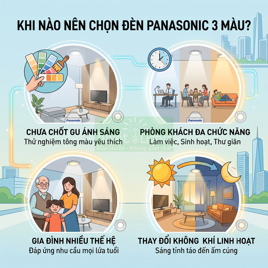 Đèn Panasonic 3 màu cho phòng khách và gia đình, linh hoạt đổi tông sáng theo nhu cầu sử dụng