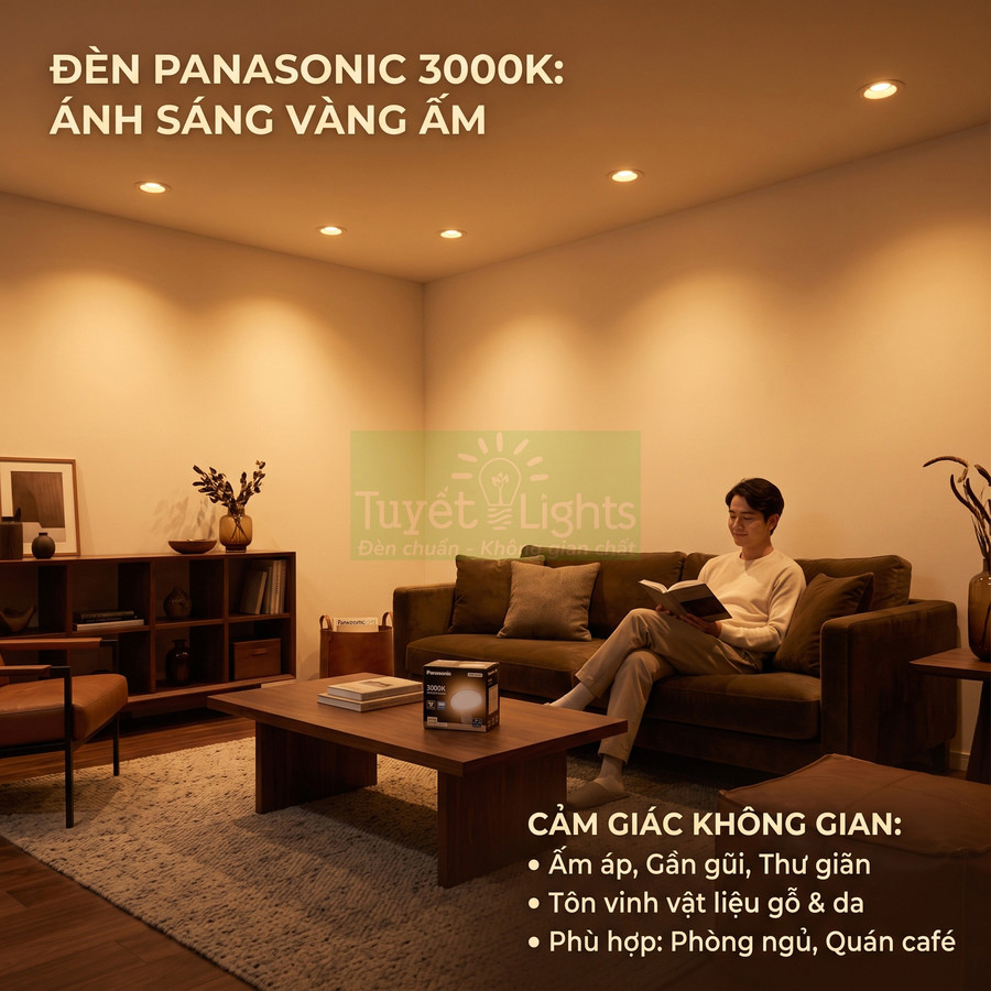 Đèn Panasonic 3000K ánh sáng vàng ấm chiếu sáng phòng khách, tạo không gian thư giãn với nội thất gỗ và sofa nâu
