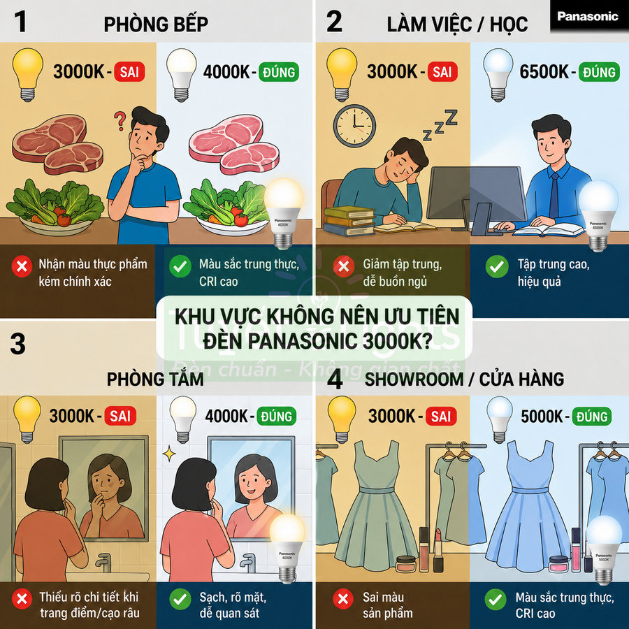 Hướng dẫn chọn nhiệt độ màu đèn LED Panasonic cho bếp, bàn làm việc, phòng tắm và showroom