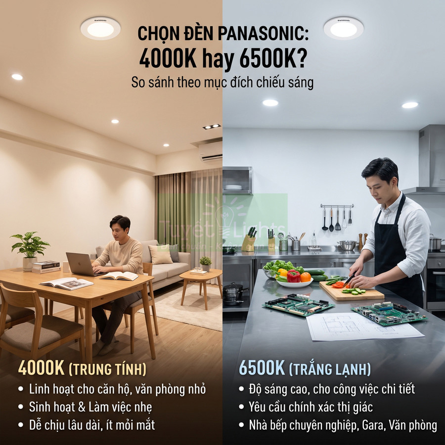 So sánh đèn trần Panasonic 4000K và 6500K cho phòng khách làm việc và bếp nấu ăn