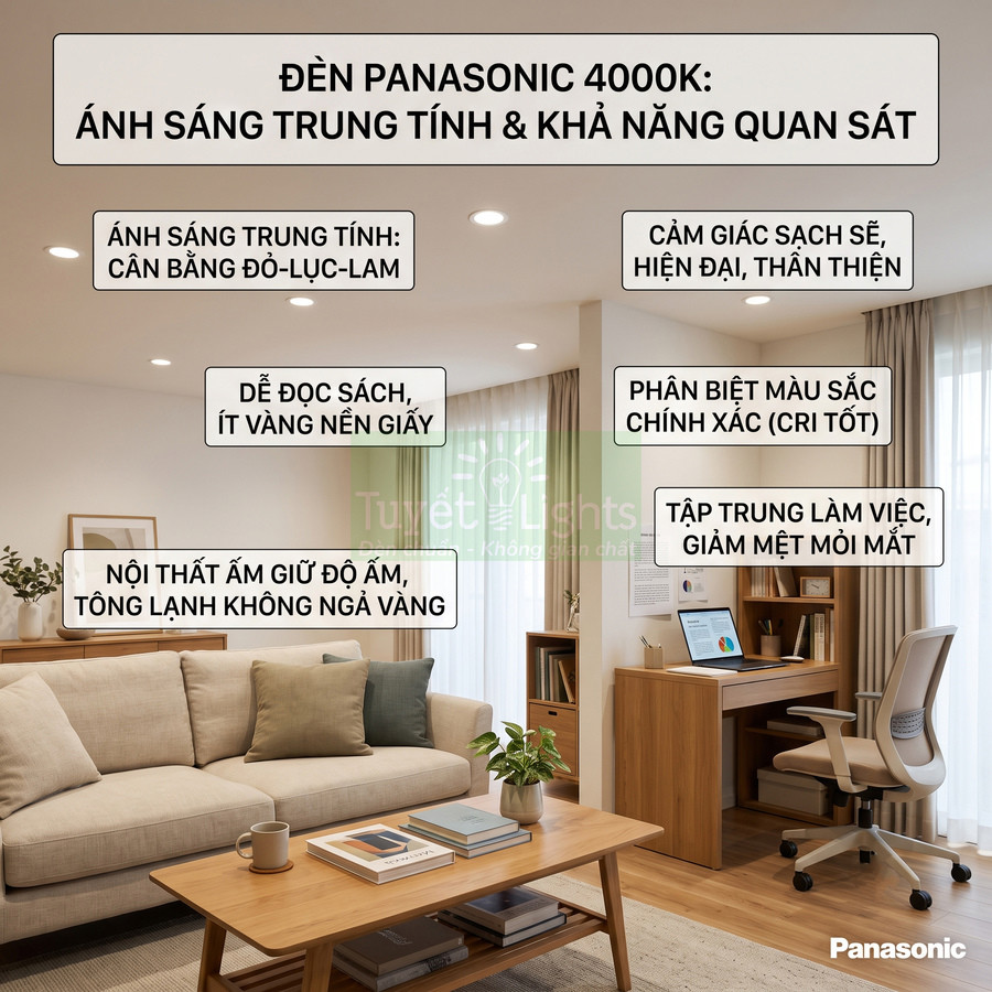 Đèn LED Panasonic 4000K chiếu sáng trung tính cho phòng khách và góc làm việc nội thất gỗ hiện đại