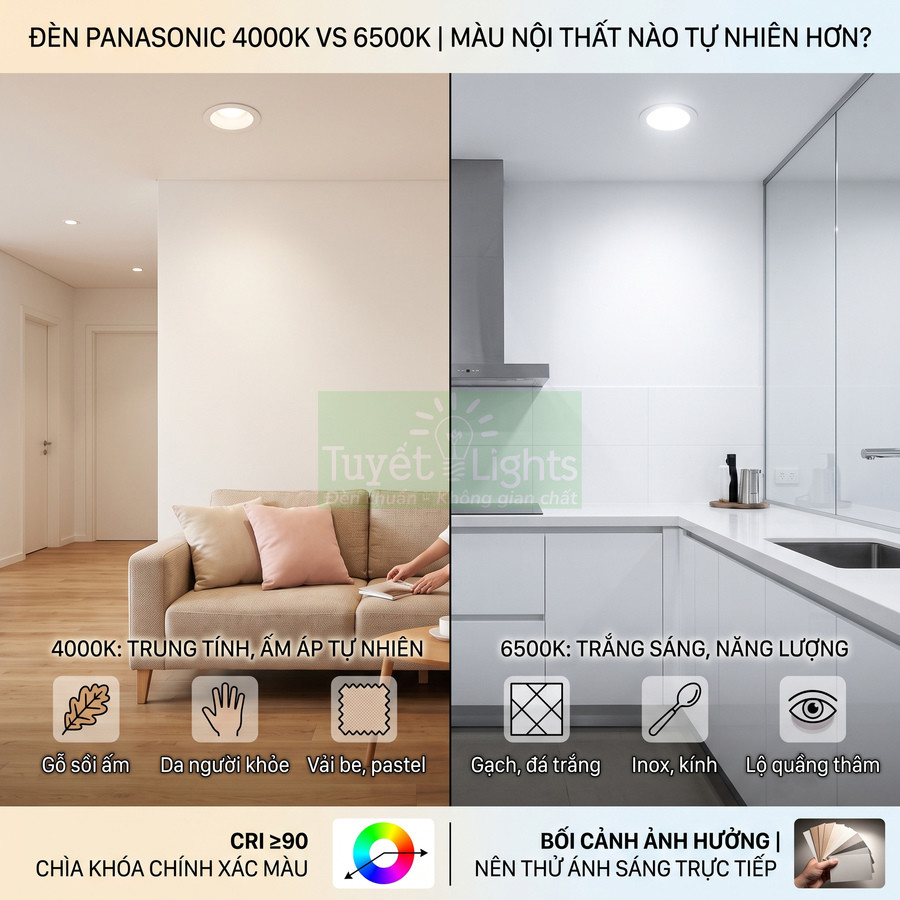 So sánh ánh sáng đèn Panasonic 4000K và 6500K trong phòng khách và bếp, thể hiện khác biệt màu sắc nội thất