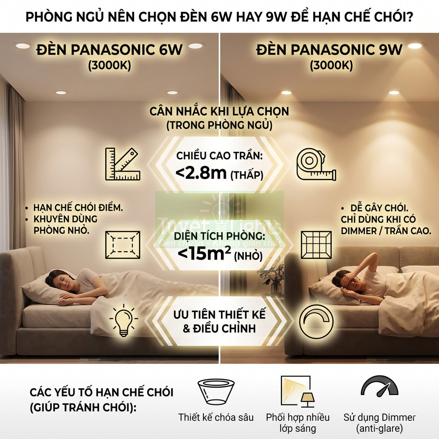 So sánh đèn Panasonic 6W và 9W 3000K cho phòng ngủ, minh họa độ chói và gợi ý chọn công suất phù hợp