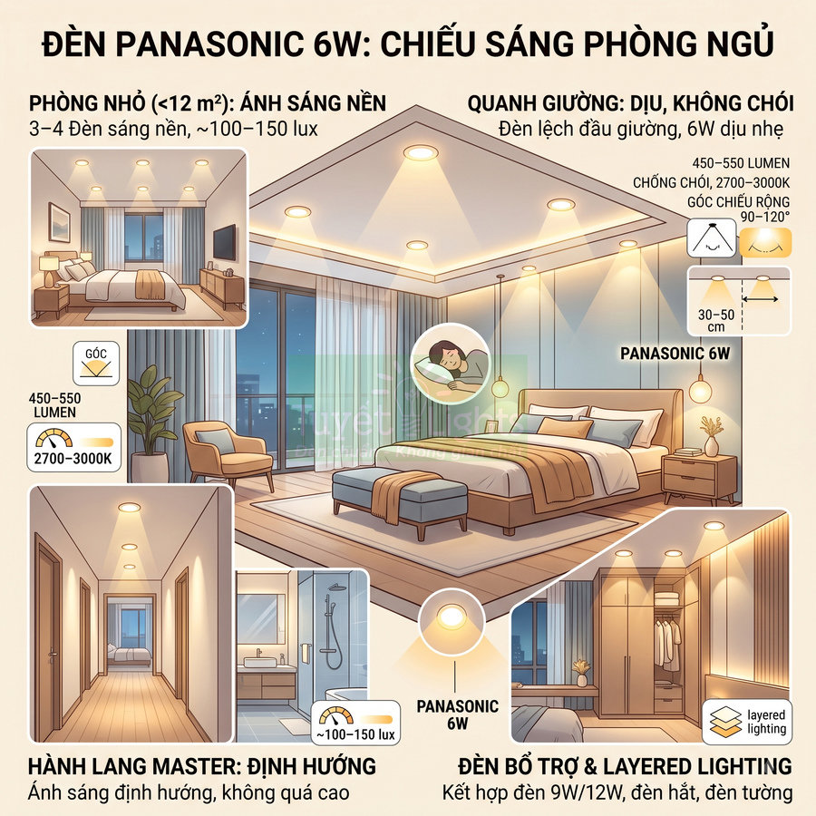 Đèn LED Panasonic 6W chiếu sáng phòng ngủ, hành lang và tủ quần áo với ánh sáng vàng dịu chống chói