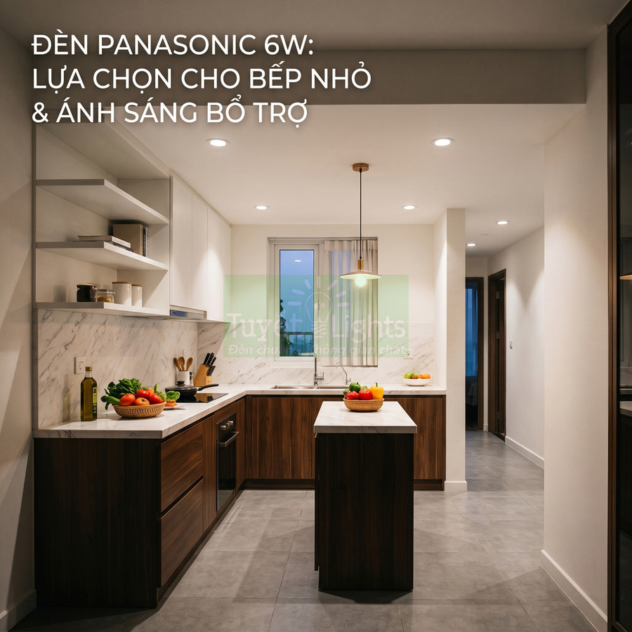 Đèn Panasonic 6W chiếu sáng bếp nhỏ hiện đại với tủ gỗ và đảo bếp bày rau củ tươi