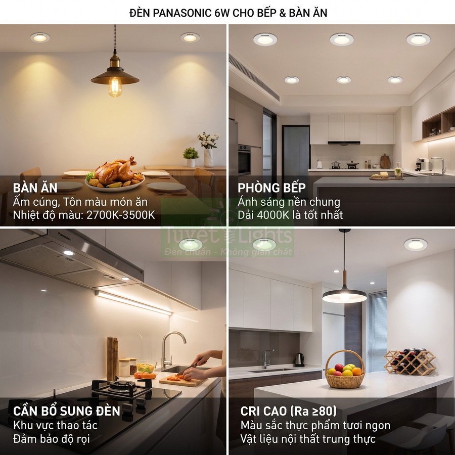 Đèn âm trần Panasonic 6W chiếu sáng phòng bếp và bàn ăn, tạo không gian ấm cúng và nổi bật món ăn