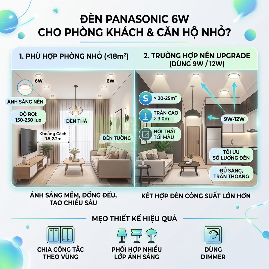 Đèn Panasonic 6W chiếu sáng phòng khách và căn hộ nhỏ, gợi ý bố trí đèn trần, đèn tường và đèn thả