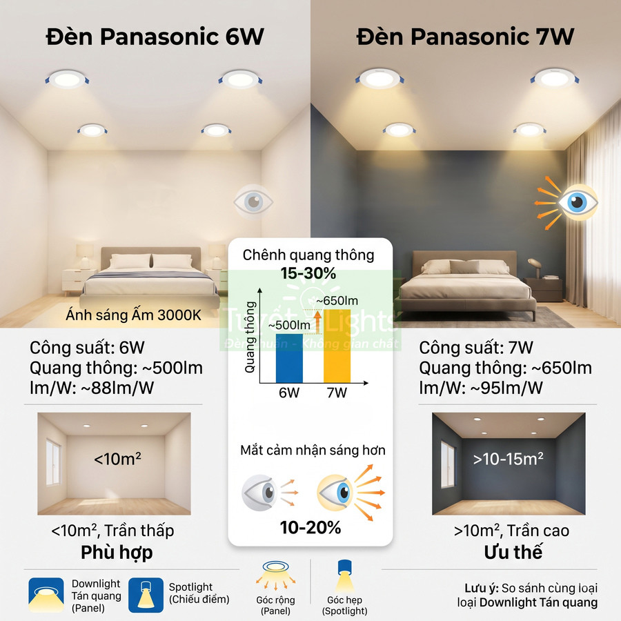 So sánh đèn downlight Panasonic 6W và 7W ánh sáng ấm 3000K cho phòng ngủ diện tích khác nhau