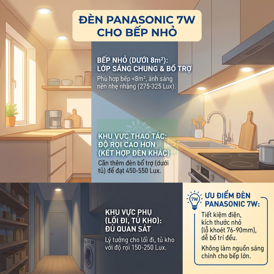 Đèn âm trần Panasonic 7W chiếu sáng cho bếp nhỏ, khu vực thao tác và lối đi tủ kho