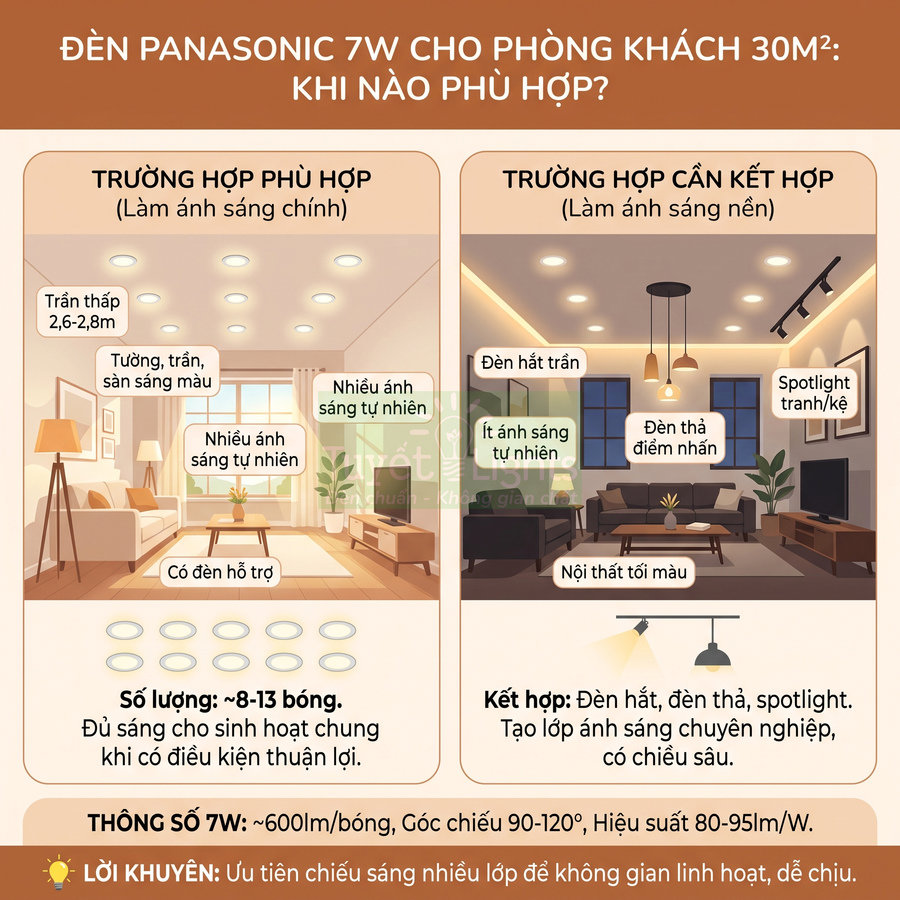 Infographic hướng dẫn dùng đèn Panasonic 7W cho phòng khách 30m2 với ví dụ bố trí đèn trần và đèn trang trí