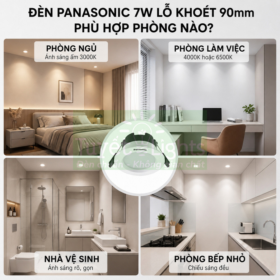 Đèn âm trần Panasonic 7W lỗ khoét 90mm chiếu sáng phòng ngủ, làm việc, nhà vệ sinh và phòng bếp nhỏ