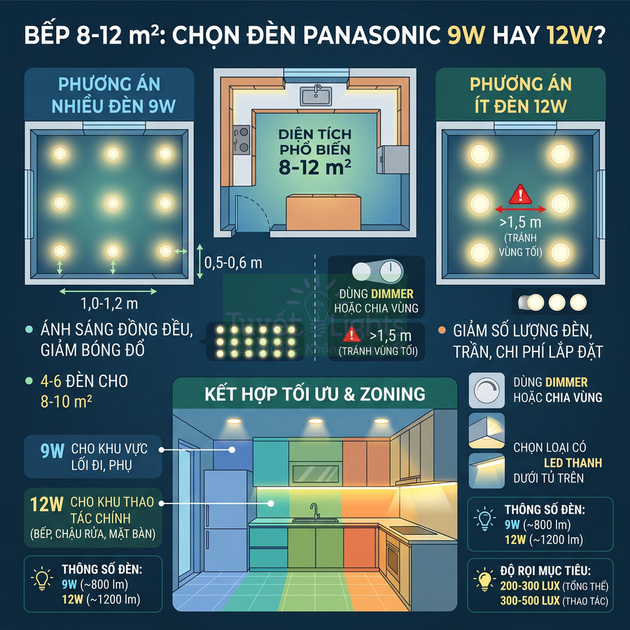 Infographic hướng dẫn chọn đèn LED Panasonic 9W hoặc 12W cho phòng bếp diện tích 8 đến 12 mét vuông