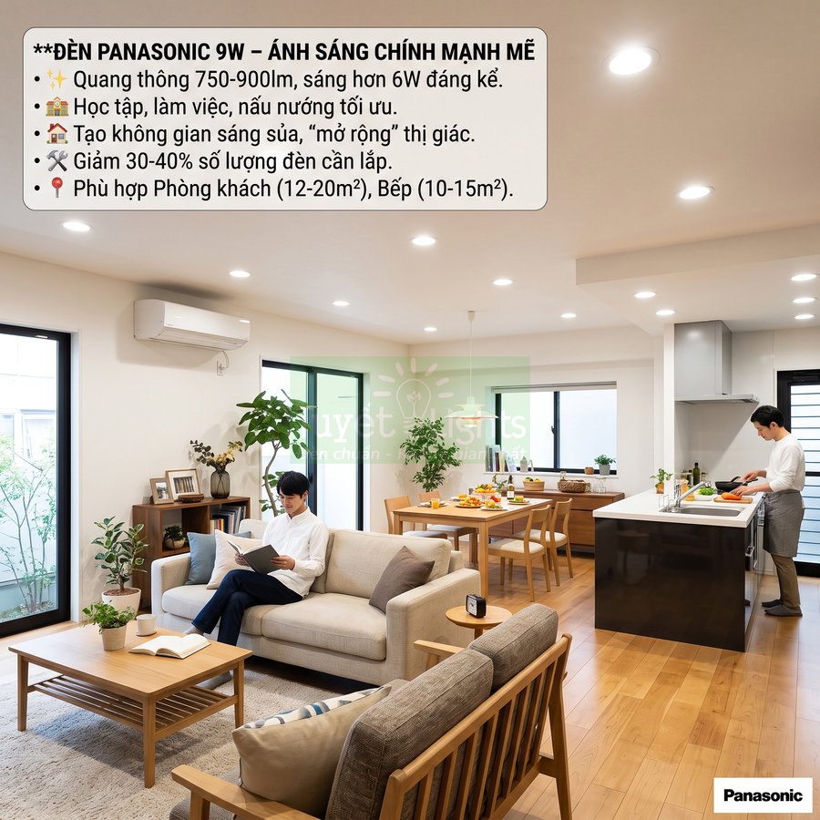 Đèn LED âm trần Panasonic 9W chiếu sáng phòng khách và bếp hiện đại, ánh sáng trắng mạnh mẽ