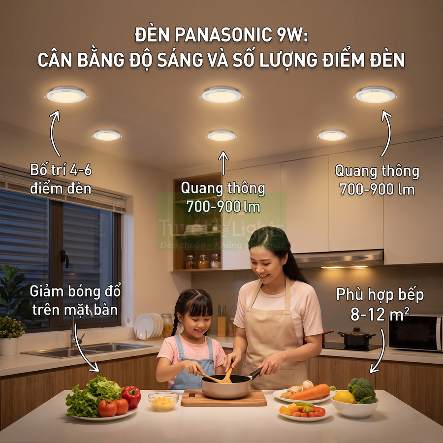 Đèn âm trần Panasonic 9W chiếu sáng bếp gia đình, mẹ và bé nấu ăn trên bàn bếp nhiều rau củ